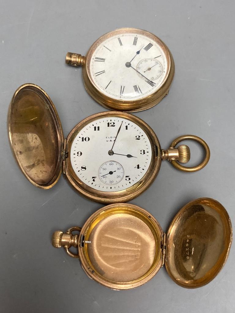 Two gold plated pocket watches (a.f.), a similar watch case and a Seiko watch.